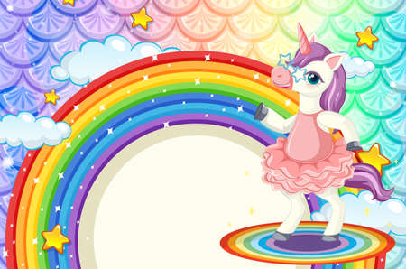 Rainbow banner with cute unicorn on colourful fish scales background illustrationのイラスト素材