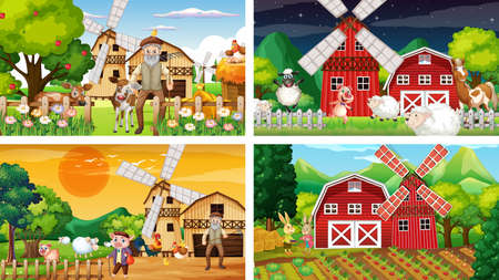 Different farm scenes with old farmer and animal cartoon character illustrationのイラスト素材