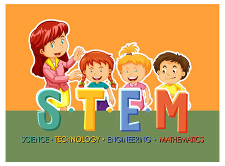 STEM education logo with children cartoon character illustrationのイラスト素材