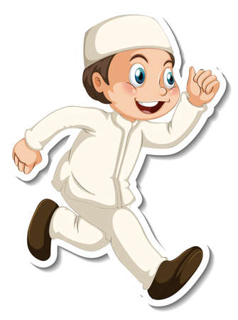 A sticker template with a muslim boy in walking pose cartoon character illustrationのイラスト素材