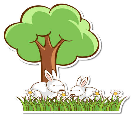 Two white rabbits under the tree sticker illustrationのイラスト素材