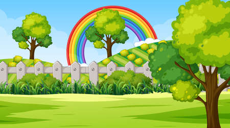 Nature park scene background with rainbow in the sky illustrationのイラスト素材