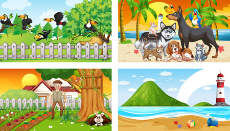 Four different nature horizontal scene  illustrationのイラスト素材