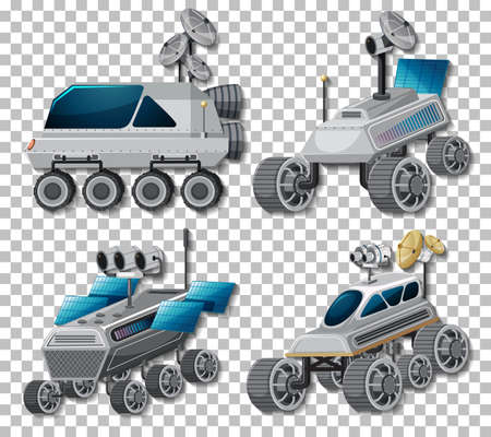 Set of different satellites on transparent background illustrationのイラスト素材