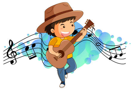 Cartoon character of a boy playing guitar with melody symbols  illustrationのイラスト素材