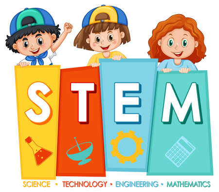 STEM education logo banner with kids cartoon character illustrationのイラスト素材