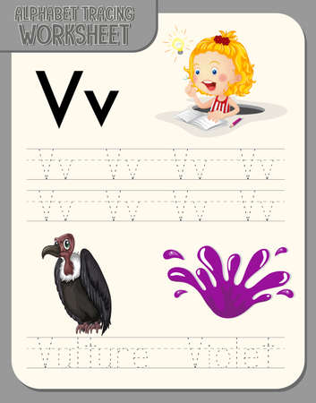 Alphabet tracing worksheet with letter V and v illustrationのイラスト素材
