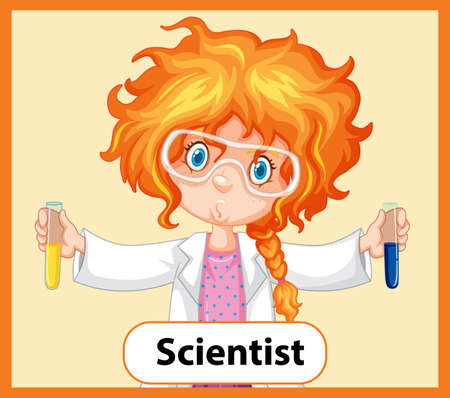 Educational English word card of scientist girl with messy hair illustrationのイラスト素材