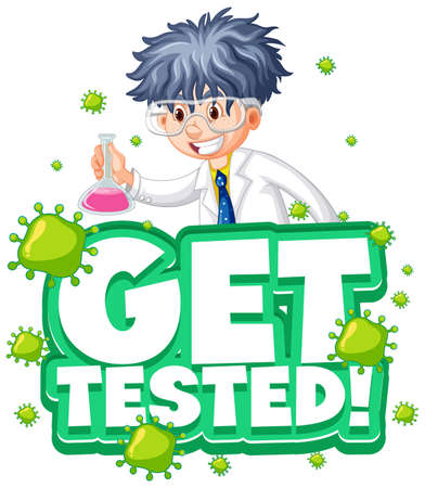 Get Tested font in cartoon style with scientist man cartoon character isolated illustrationのイラスト素材