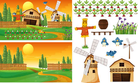 Farm element set isolated with farm scence illustrationのイラスト素材