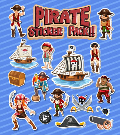 Pirate sticker pack set with cartoon character isolated illustrationのイラスト素材