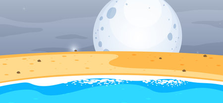 Empty beach scene at night with the big moon in simple style illustrationのイラスト素材