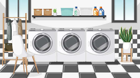 Laundry room scene with washing machine and clothes hanger illustrationのイラスト素材