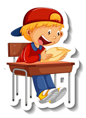 Sticker template with a boy reading a book cartoon character isolated illustrationのイラスト素材