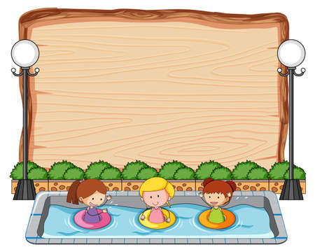 Empty wooden board with many kids in the pool isolated illustrationのイラスト素材