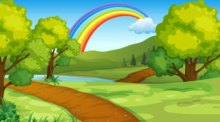 Nature park scene background with rainbow in the sky illustrationのイラスト素材