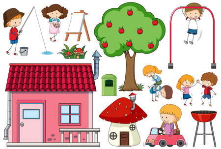 Set of many children with a house illustrationのイラスト素材
