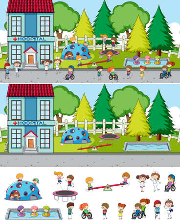 Set of different horizontal scenes background with doodle kids cartoon character illustrationのイラスト素材
