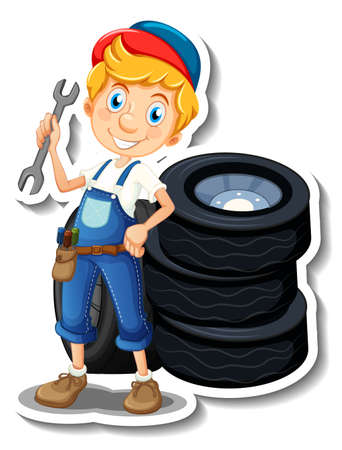 Sticker design with auto mechanic cartoon character illustrationのイラスト素材