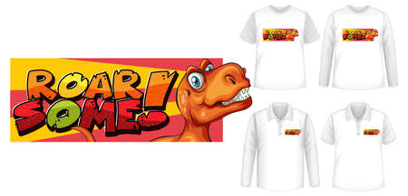 Roar Some font and Dinosaur cartoon character logo with different types of shirts illustrationのイラスト素材