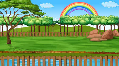 Park landscape scene with rainbow in the sky illustrationのイラスト素材