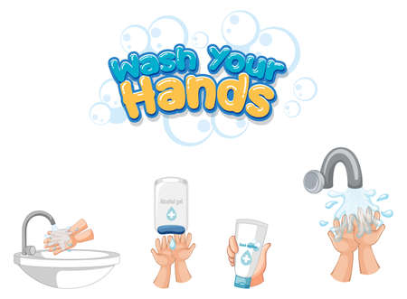 Wash your hands font design with hand sanitizer products isolated on white background illustrationのイラスト素材