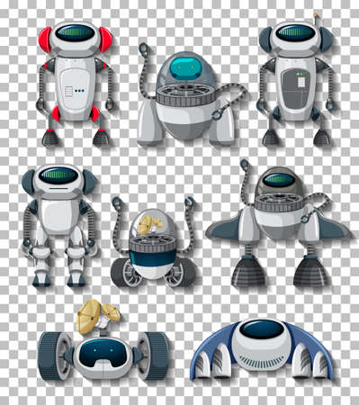 Different robots on transparent background illustrationのイラスト素材