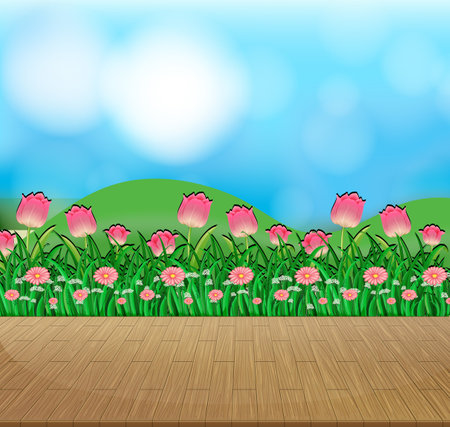 Nature background with flower field and green grass  illustrationのイラスト素材