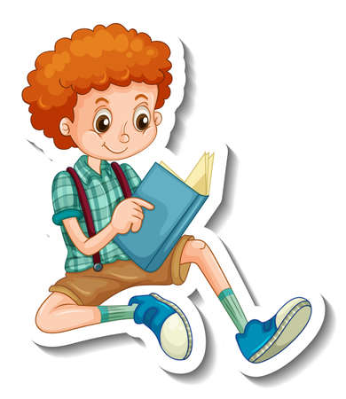 Sticker template with a boy reading a book cartoon character isolated illustrationのイラスト素材