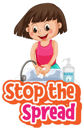Stop the Spread font with a girl washing her hands with soap isolated on white background illustrationのイラスト素材