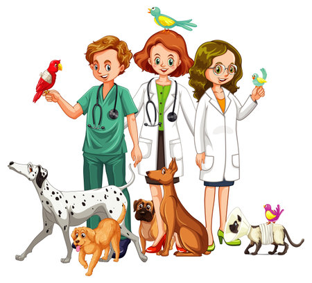 Veterinarian with many kind of animals illustrationのイラスト素材