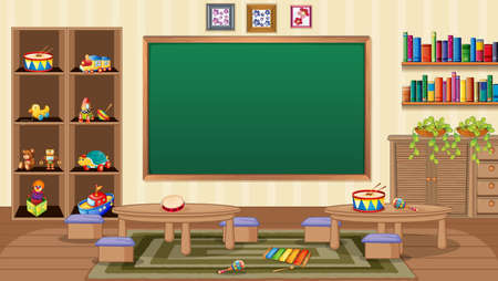 Empty classroom scene with interior decoration and objects illustrationのイラスト素材
