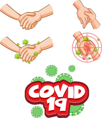 Covid-19 font design with virus spreads from shaking hands on white background illustrationのイラスト素材