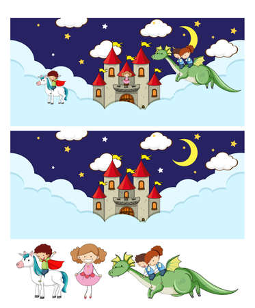 Set of different horizontal fairy sky scenes with doodle kids cartoon character illustrationのイラスト素材