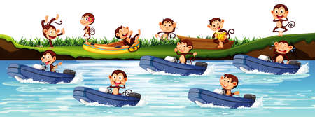 A lot of monkeys riding motor boat in the river illustrationのイラスト素材