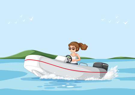 A woman driving speedboat in the river scene illustrationのイラスト素材