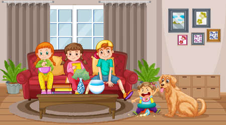 Living room scene with many children and cute dog  illustrationのイラスト素材