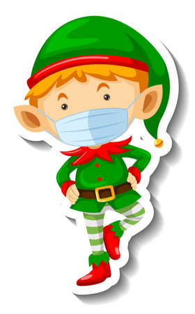 A sticker template with Cute elf wearing mask illustrationのイラスト素材
