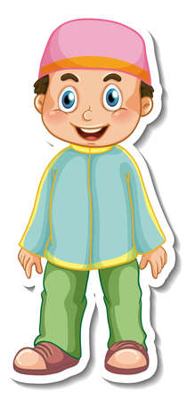 A sticker template with Muslim boy in standing pose cartoon character illustrationのイラスト素材
