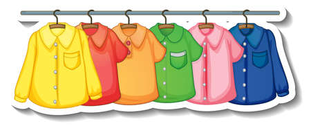 A sticker template of Clothes racks with many clothes on hangers on white background illustrationのイラスト素材