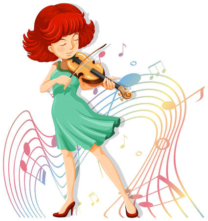 A woman playing violin with melody symbols on white background illustrationのイラスト素材