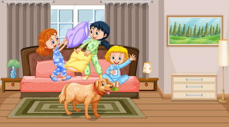 Bedroon scene with children playing on the bed illustrationのイラスト素材