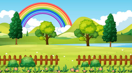 Nature park scene background with rainbow in the sky illustrationのイラスト素材