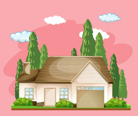 Front of a house with many tree on pink background illustrationのイラスト素材