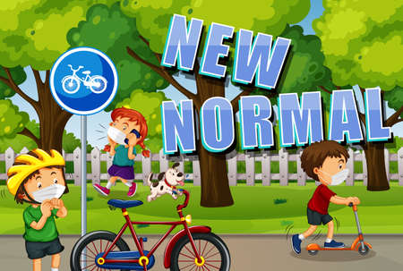 New normal life with people wearing masks in the public park illustrationのイラスト素材