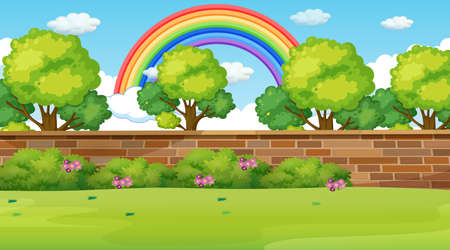 Park landscape scene with rainbow in the sky illustrationのイラスト素材