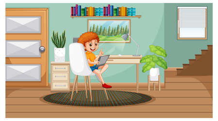 Boy learning from home on electronic device illustrationのイラスト素材