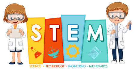 Scientist kids cartoon character with STEM logo banner illustrationのイラスト素材