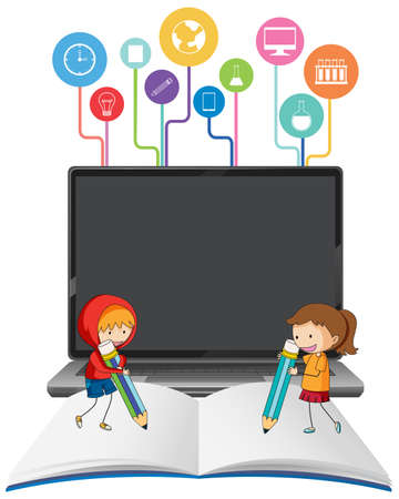Laptop computer with cartoon kids on the opened book illustrationのイラスト素材