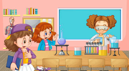 School kids doing chemistry experiment in the classroom illustrationのイラスト素材